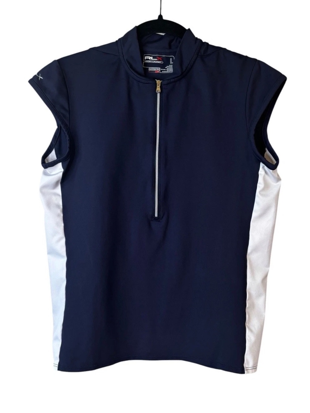 RLX Ralph Lauren Half Zip Navy White Golf Top Size Large L Women's Cap Sleeve